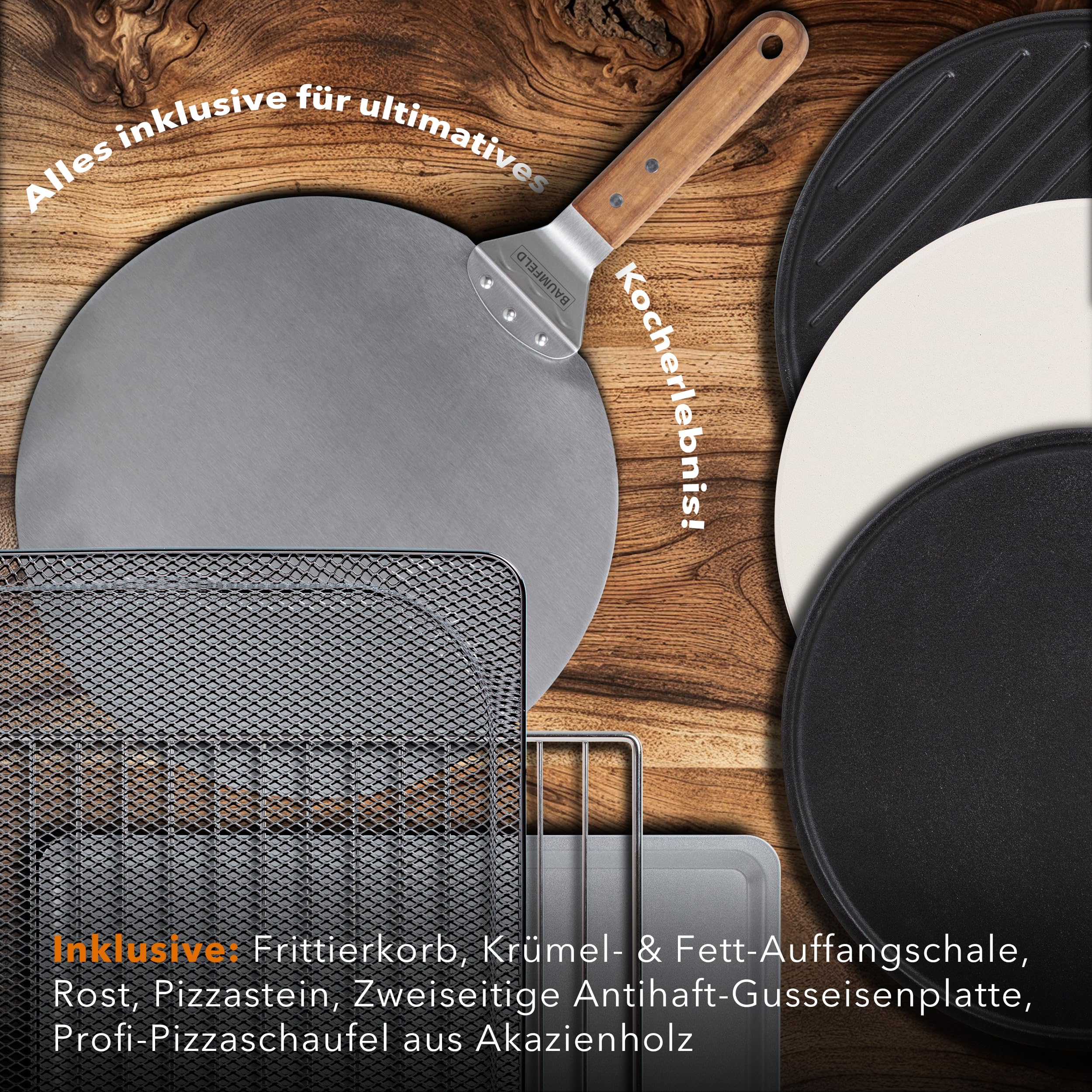 BAUMFELD PizzaAirfryer400 black - 12 in 1 Multifunktionsofen, Pizzaofen, 400 °C, tragbar, Grillen, Pizza, Air Fryer, Backen, XXL Zubehör, Indoor, Steinofenplatte, Gusseisenblech